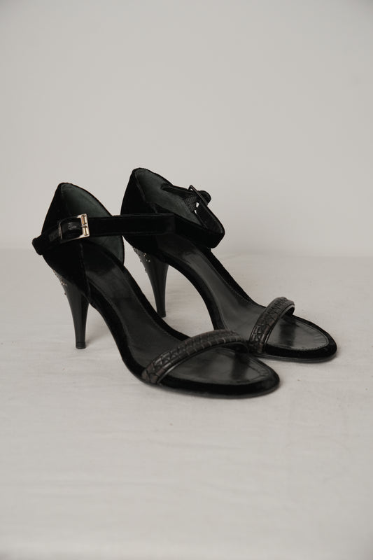 Chanel Black Velvet Ankle Strap Rhinestone CC Heels Sz36.5