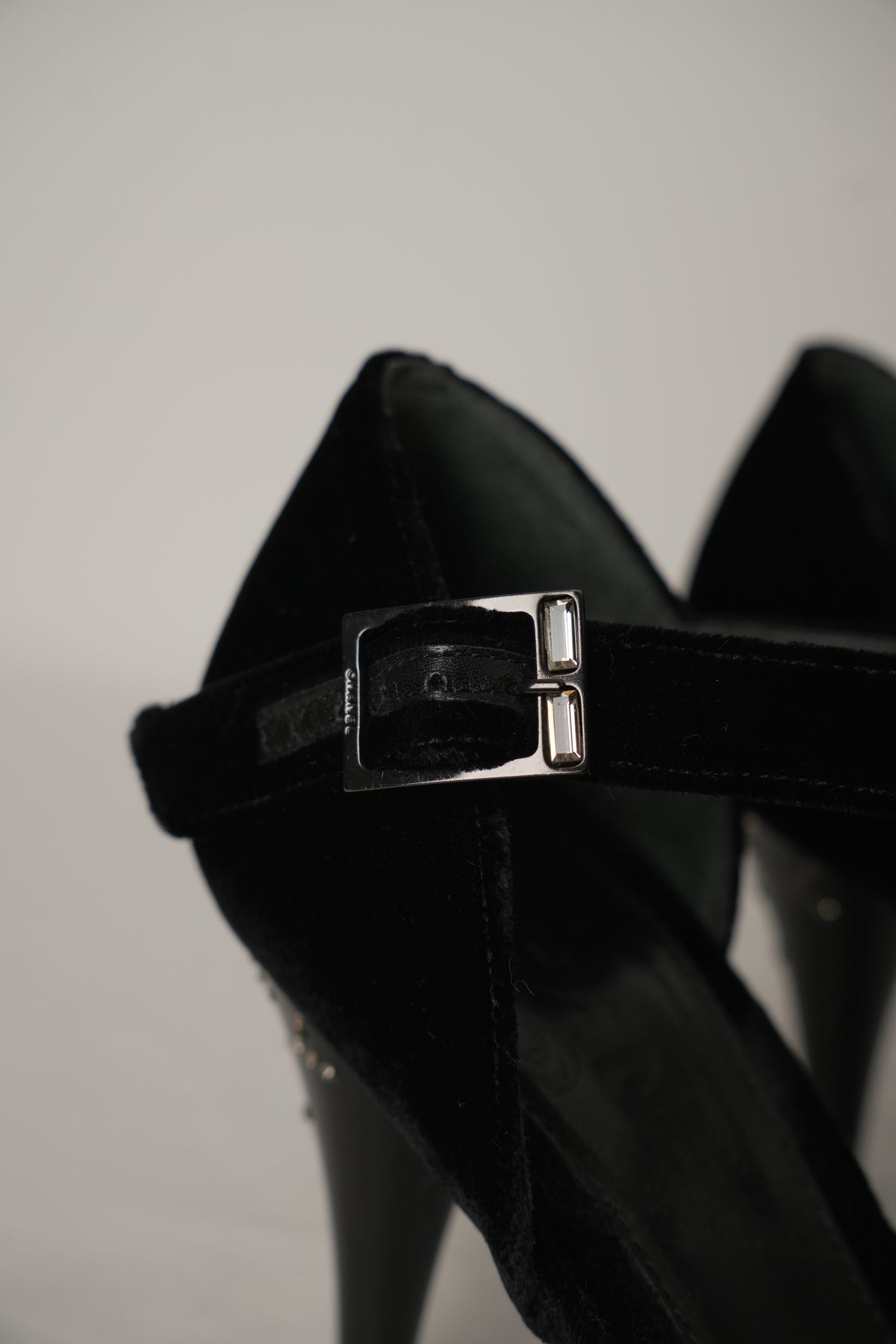 Chanel Black Velvet Ankle Strap Rhinestone CC Heels Sz36.5