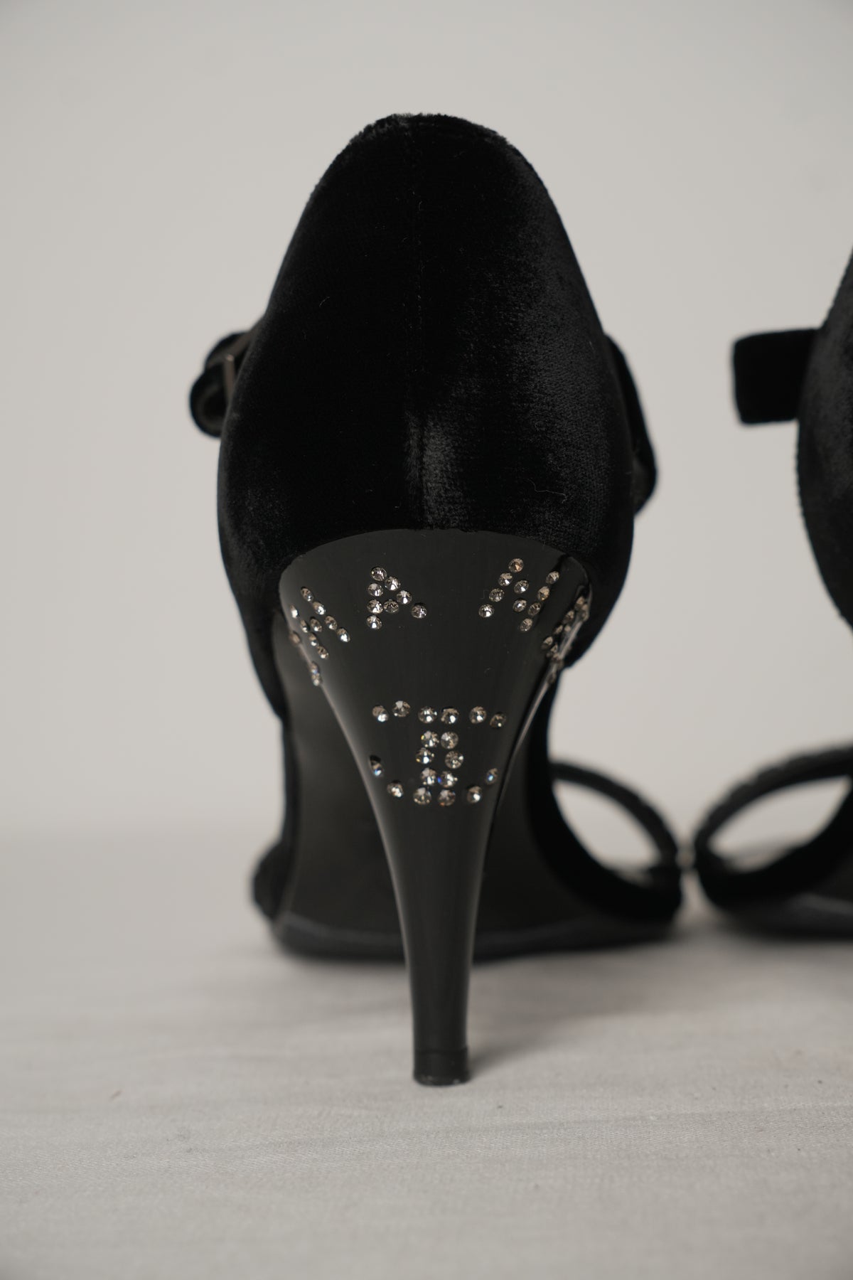 Chanel Black Velvet Ankle Strap Rhinestone CC Heels Sz36.5