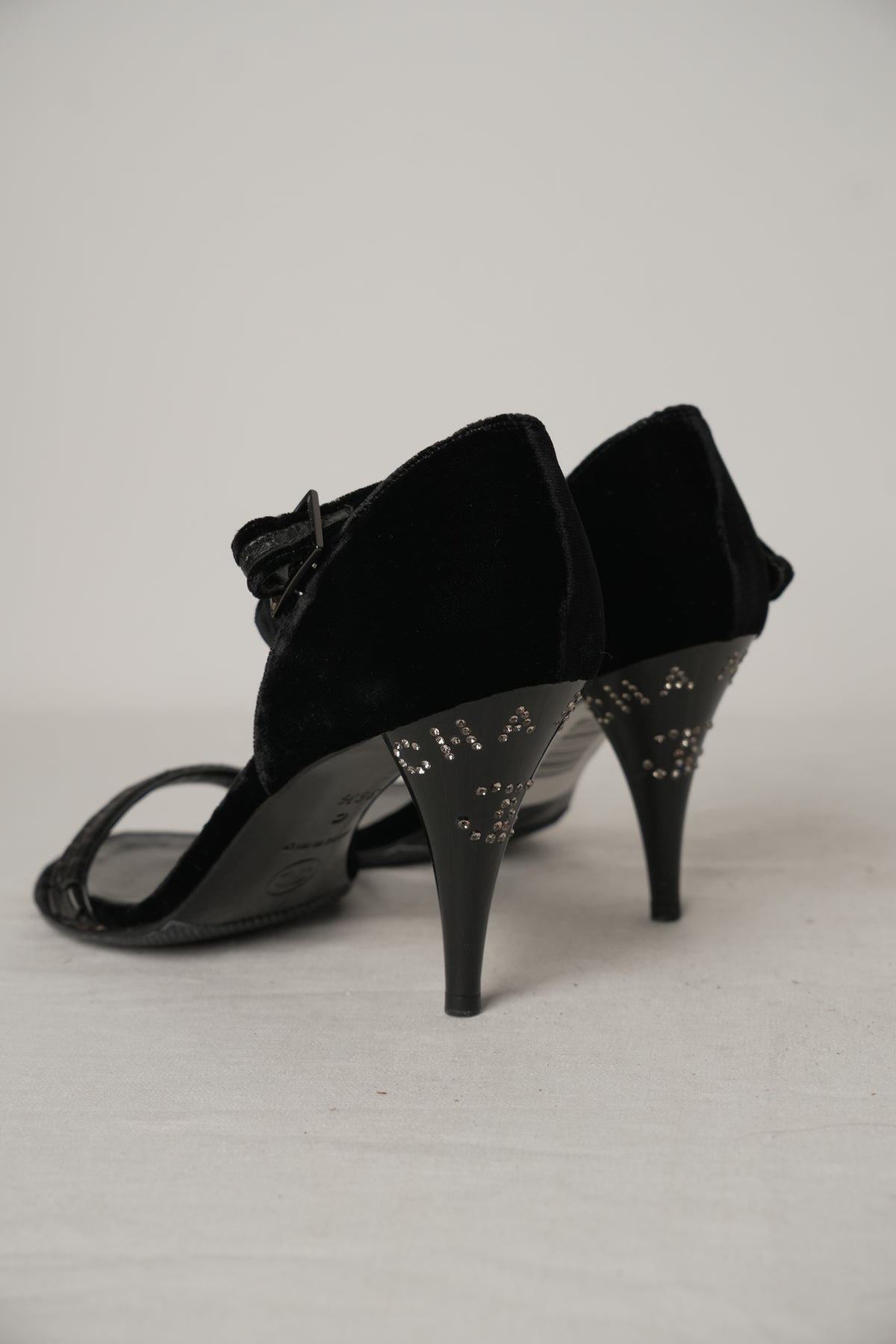 Chanel Black Velvet Ankle Strap Rhinestone CC Heels Sz36.5