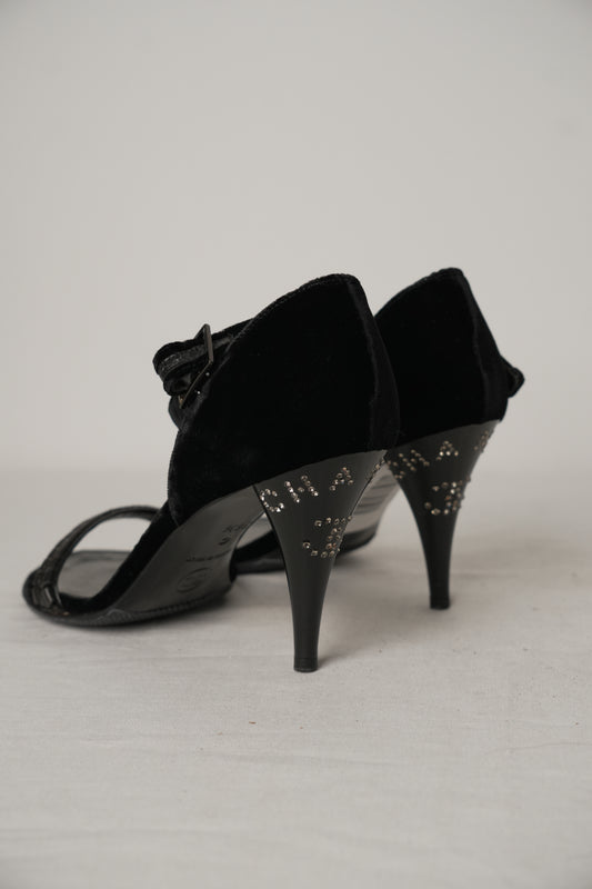 Chanel Black Velvet Ankle Strap Rhinestone CC Heels Sz36.5