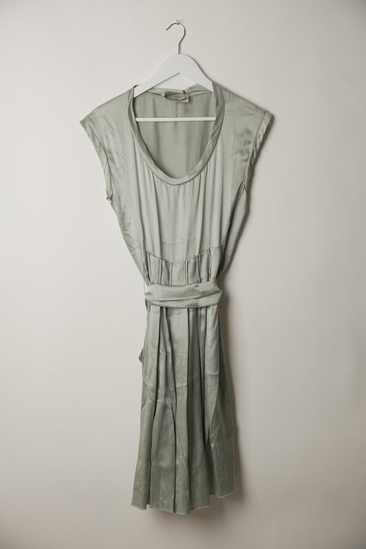 Yves Saint Laurent Sleeveless Pleated Scoop Neck Dusty Blue Dress with Matching Belt