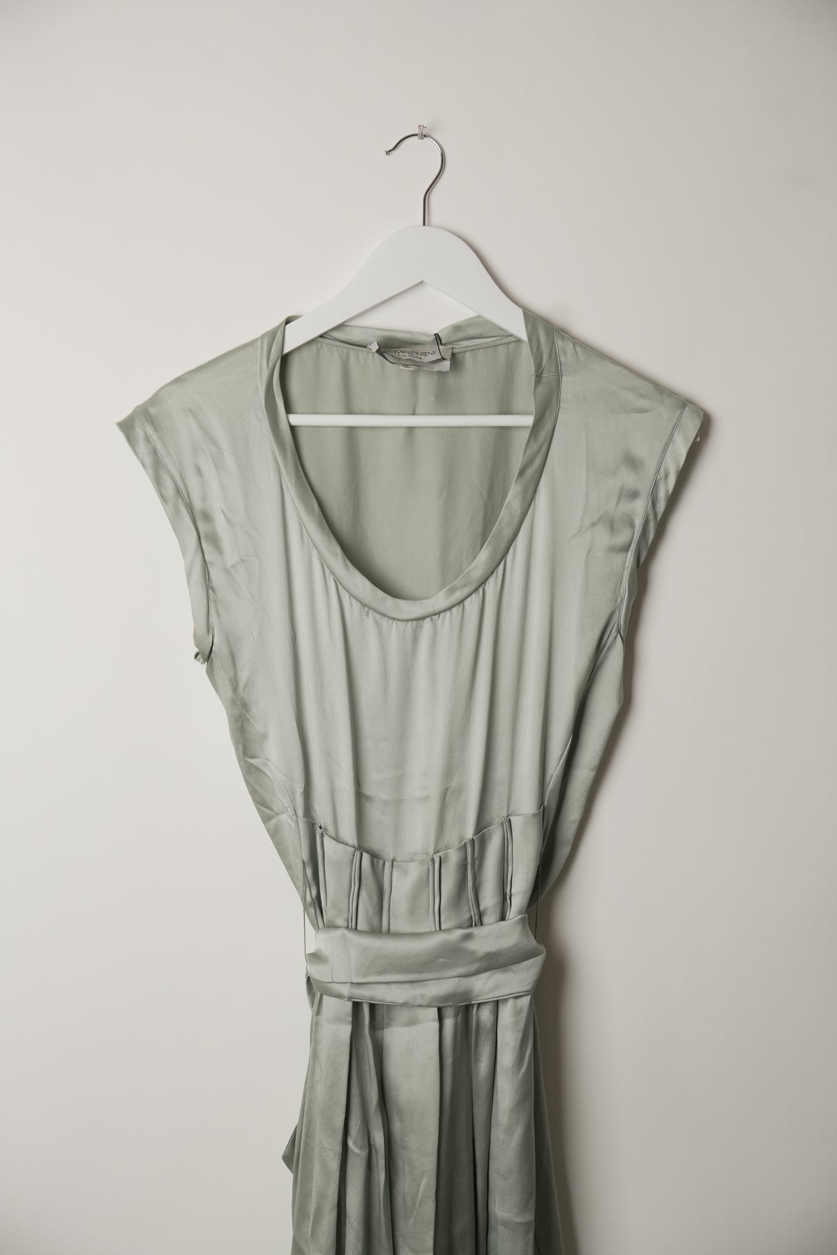 Yves Saint Laurent Sleeveless Pleated Scoop Neck Dusty Blue Dress with Matching Belt