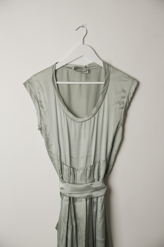 Yves Saint Laurent Sleeveless Pleated Scoop Neck Dusty Blue Dress with Matching Belt