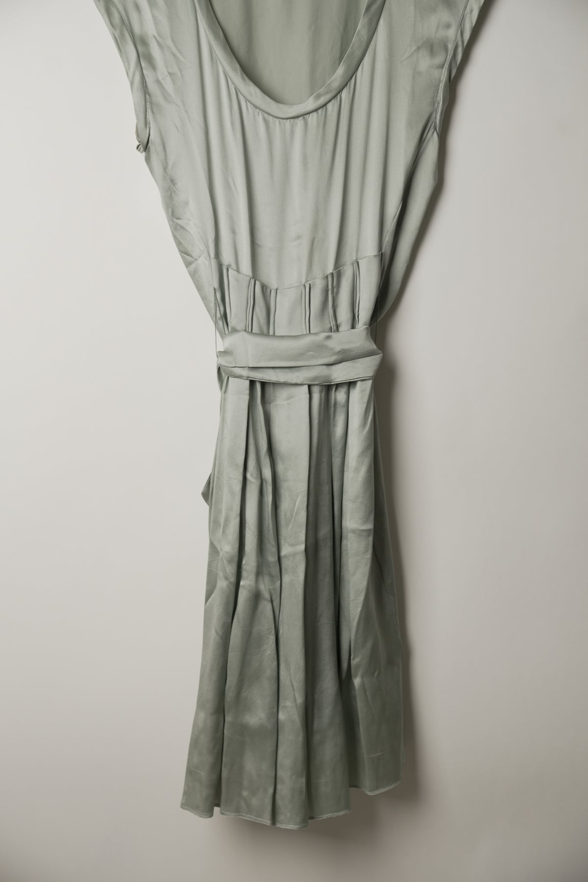 Yves Saint Laurent Sleeveless Pleated Scoop Neck Dusty Blue Dress with Matching Belt