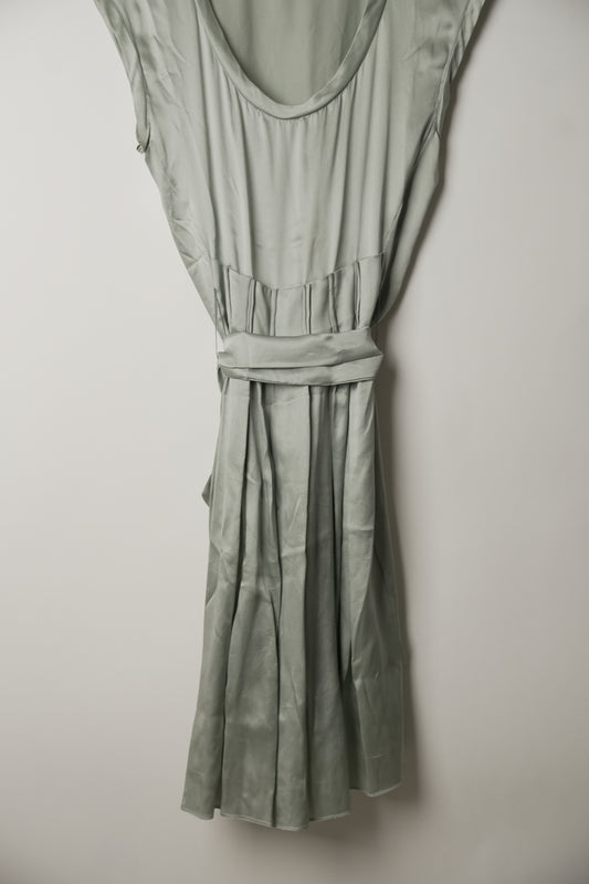 Yves Saint Laurent Sleeveless Pleated Scoop Neck Dusty Blue Dress with Matching Belt