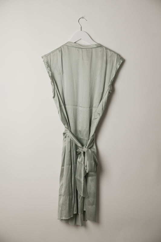 Yves Saint Laurent Sleeveless Pleated Scoop Neck Dusty Blue Dress with Matching Belt