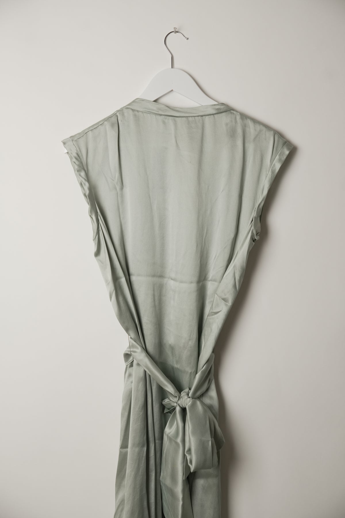 Yves Saint Laurent Sleeveless Pleated Scoop Neck Dusty Blue Dress with Matching Belt