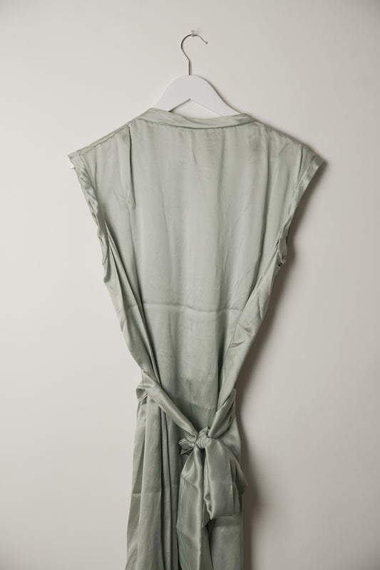 Yves Saint Laurent Sleeveless Pleated Scoop Neck Dusty Blue Dress with Matching Belt