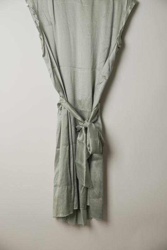 Yves Saint Laurent Sleeveless Pleated Scoop Neck Dusty Blue Dress with Matching Belt