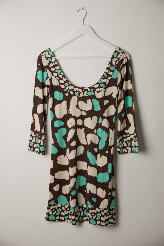 Diane von Furstenberg Silk Flare Long Sleeve Blue White Butterfly Print Mini Dress