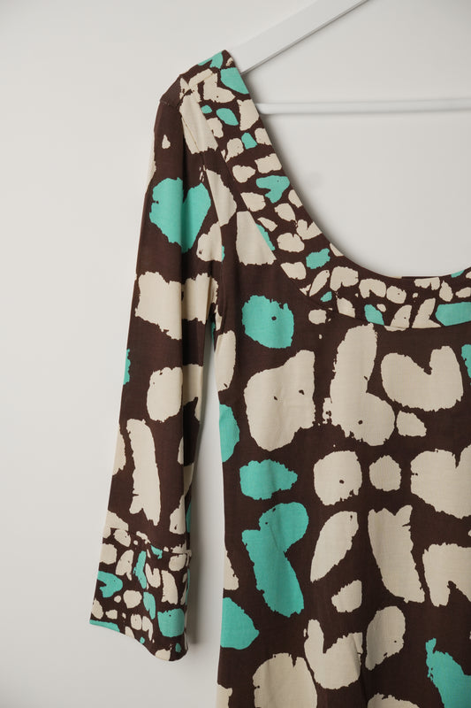 Diane von Furstenberg Silk Flare Long Sleeve Blue White Butterfly Print Mini Dress