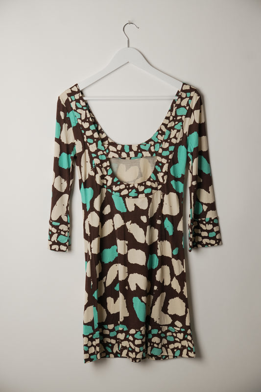 Diane von Furstenberg Silk Flare Long Sleeve Blue White Butterfly Print Mini Dress