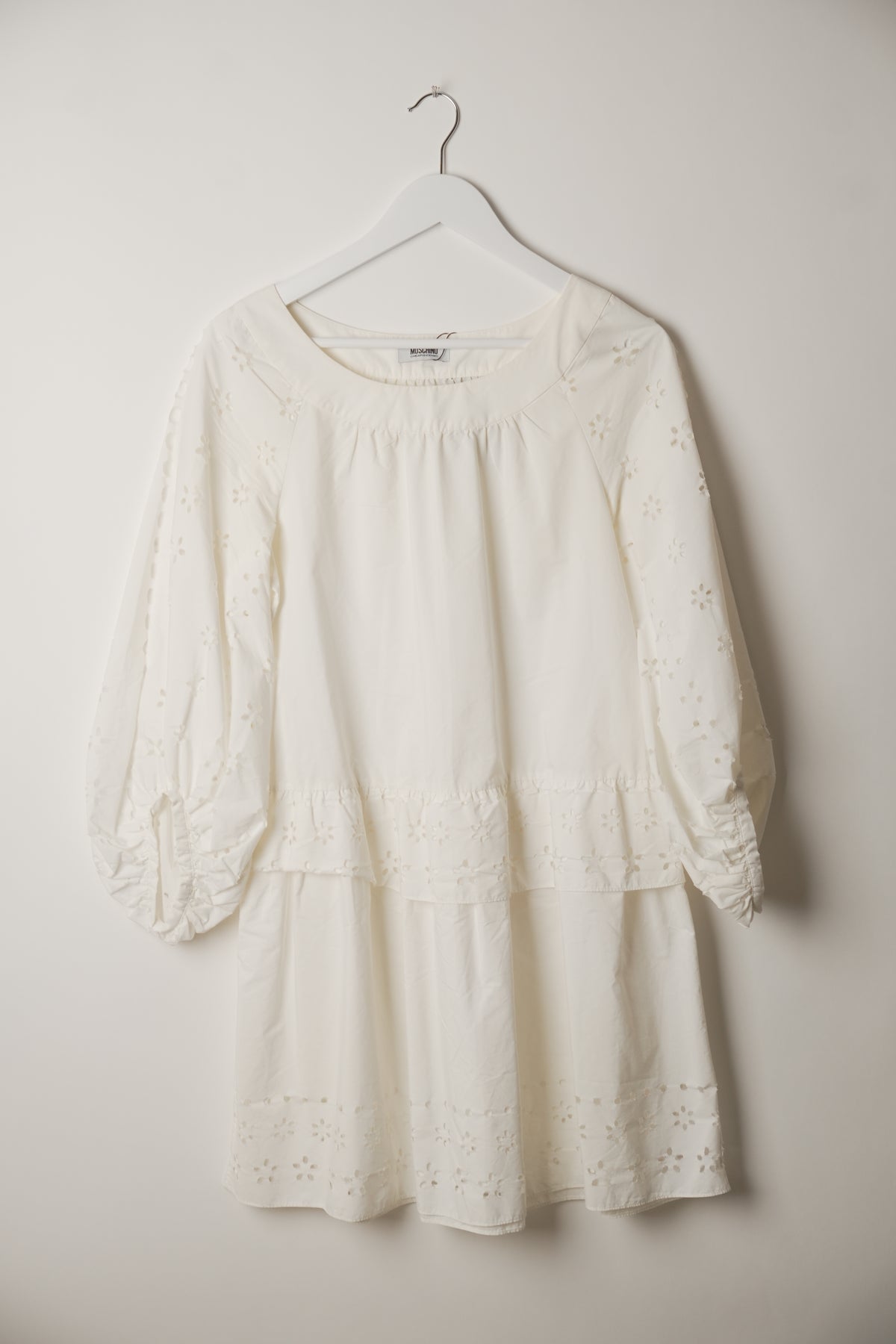 Moschino Long Sleeve Boat Neck Eyelet Embroidery Tunic Dress