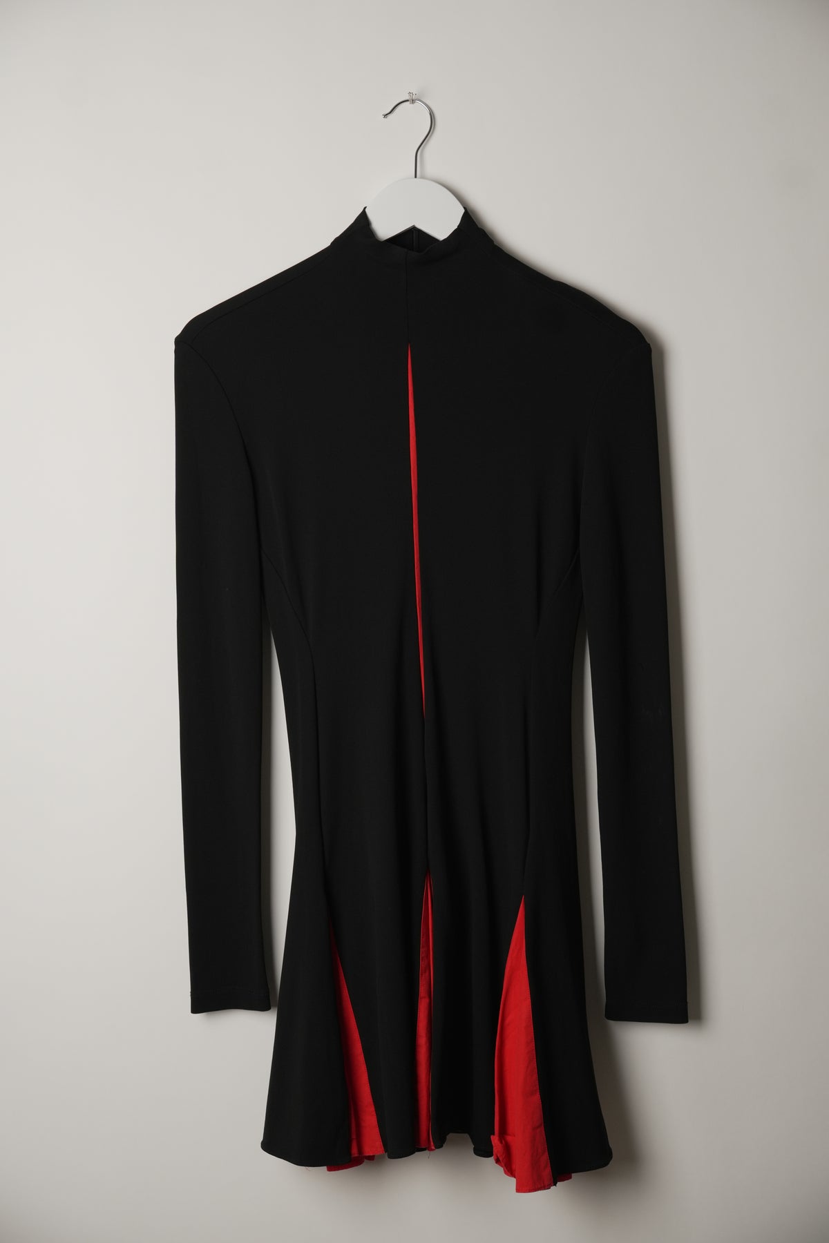 Salvatore Ferragamo Red Black Long Sleeve Mock Neck Mini Dress with Pleat Bubble Skirt