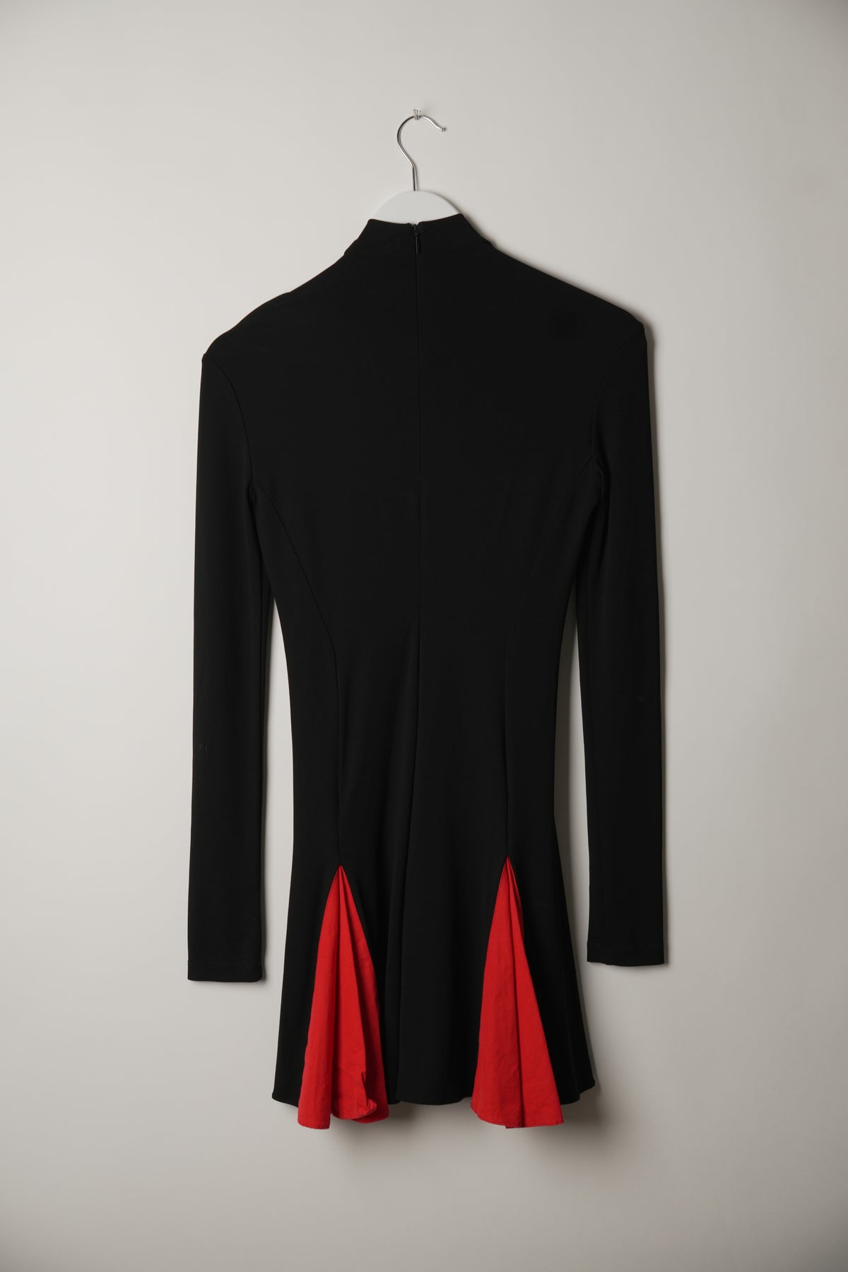 Salvatore Ferragamo Red Black Long Sleeve Mock Neck Mini Dress with Pleat Bubble Skirt