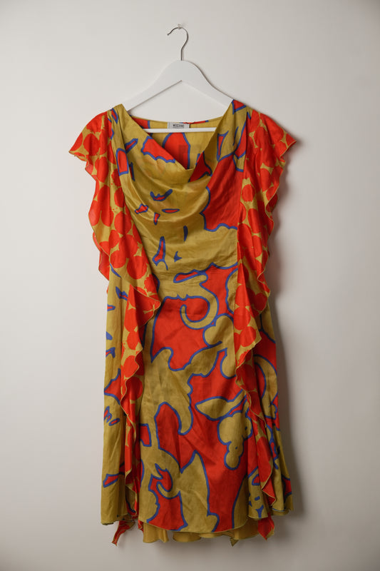 Moschino Green Red Abstract Print Sleeveless Frill Side Dress