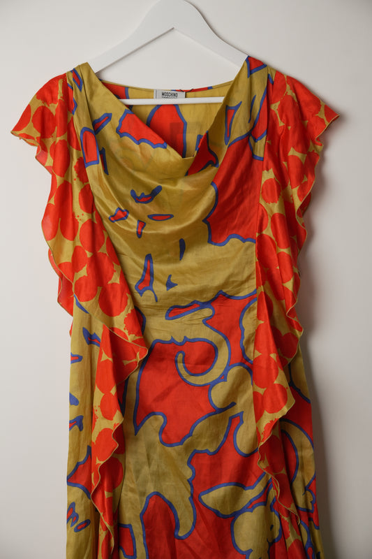 Moschino Green Red Abstract Print Sleeveless Frill Side Dress