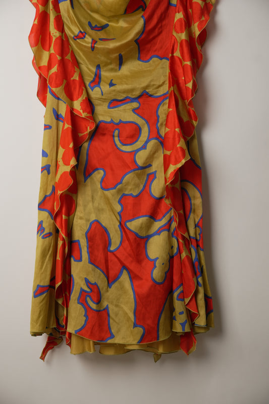 Moschino Green Red Abstract Print Sleeveless Frill Side Dress