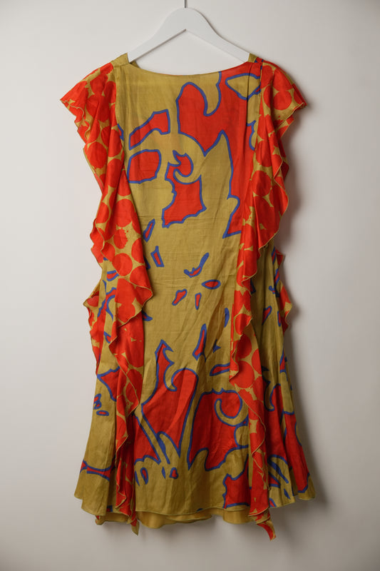 Moschino Green Red Abstract Print Sleeveless Frill Side Dress