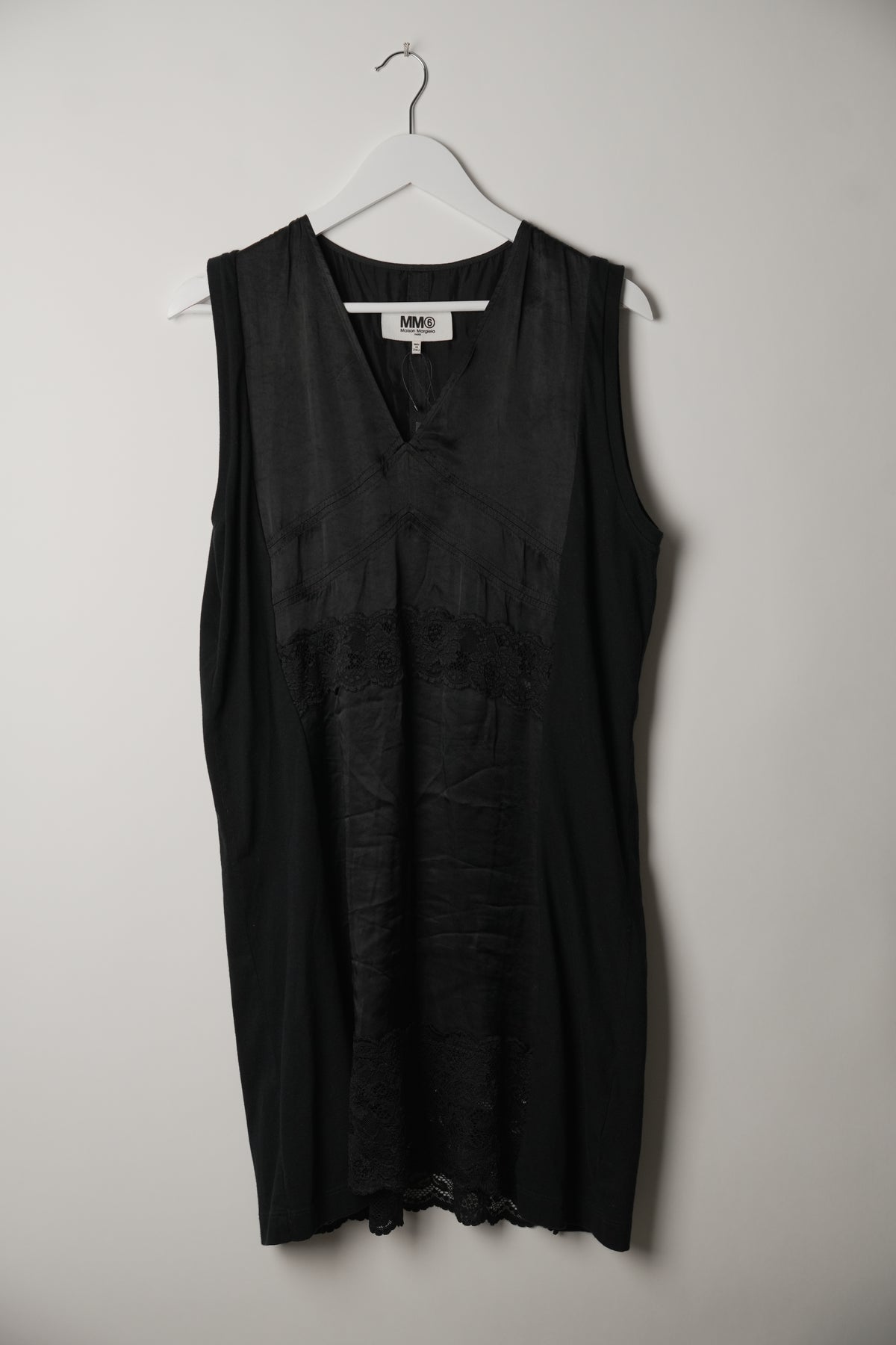 MM6 Maison Margiela Lace Insert Satin V Neck Sleeveless Midi Dress