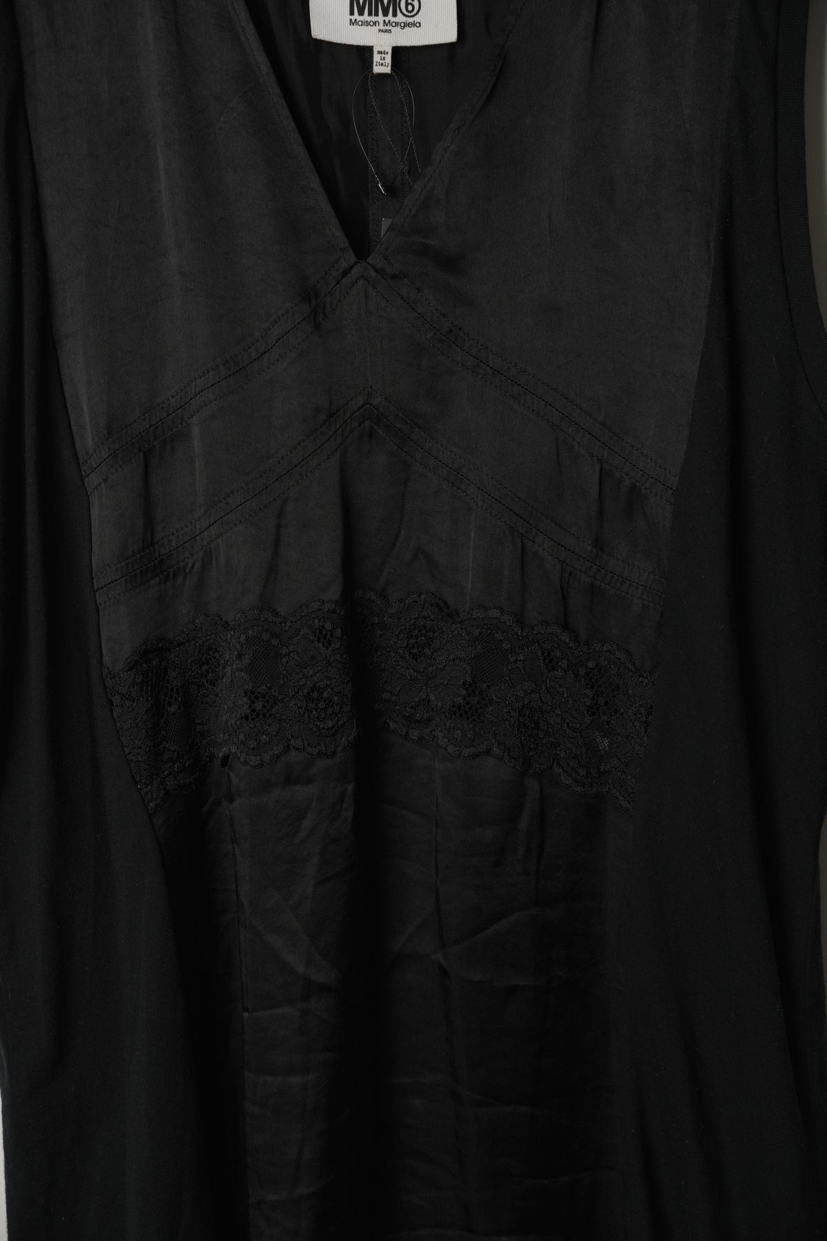 MM6 Maison Margiela Lace Insert Satin V Neck Sleeveless Midi Dress