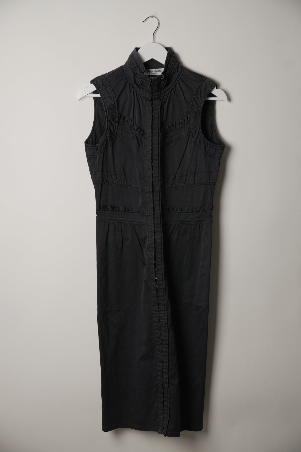 Yves Saint Laurent Frill Hem High Collar Sleeveless Maxi Dress