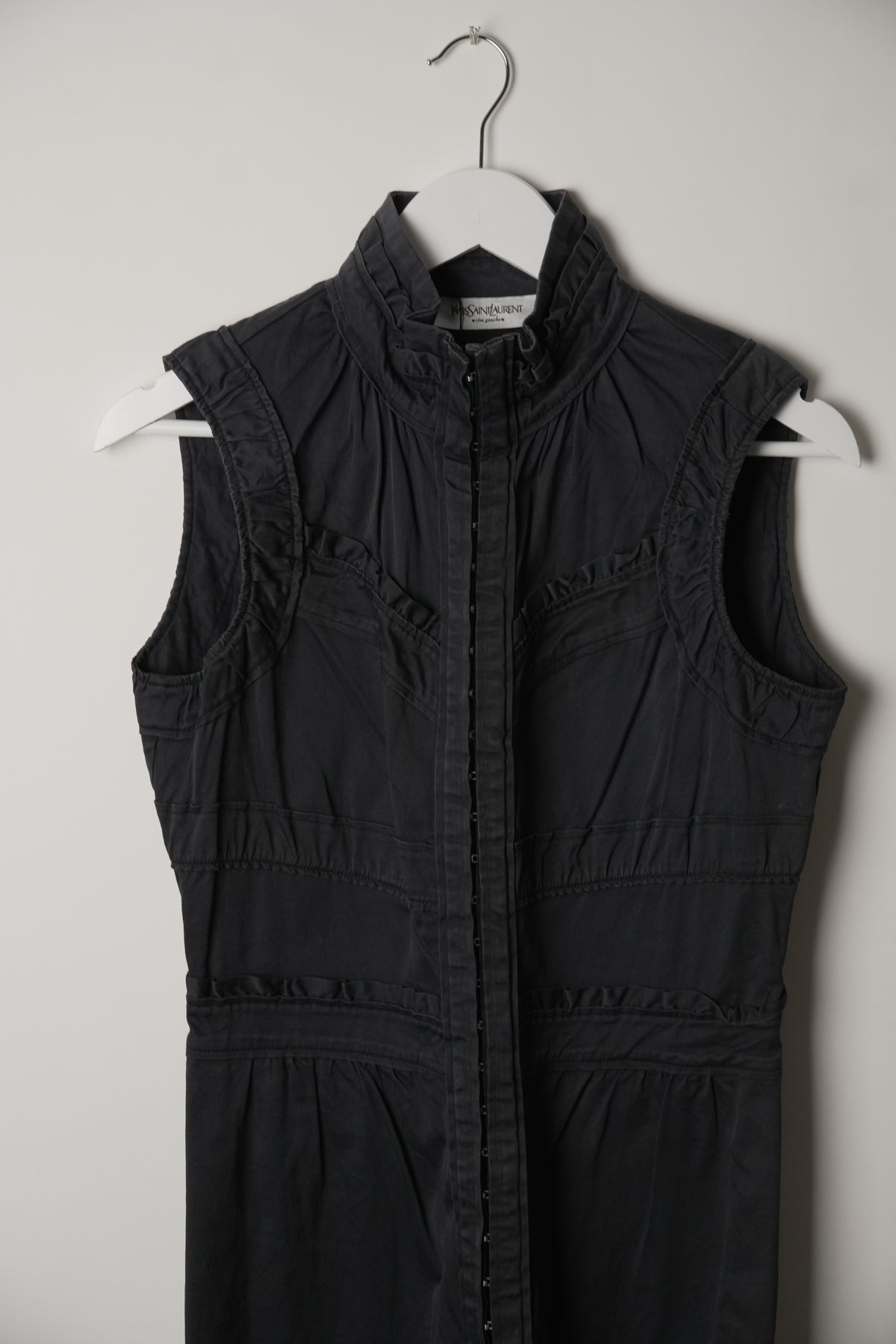 Yves Saint Laurent Frill Hem High Collar Sleeveless Maxi Dress