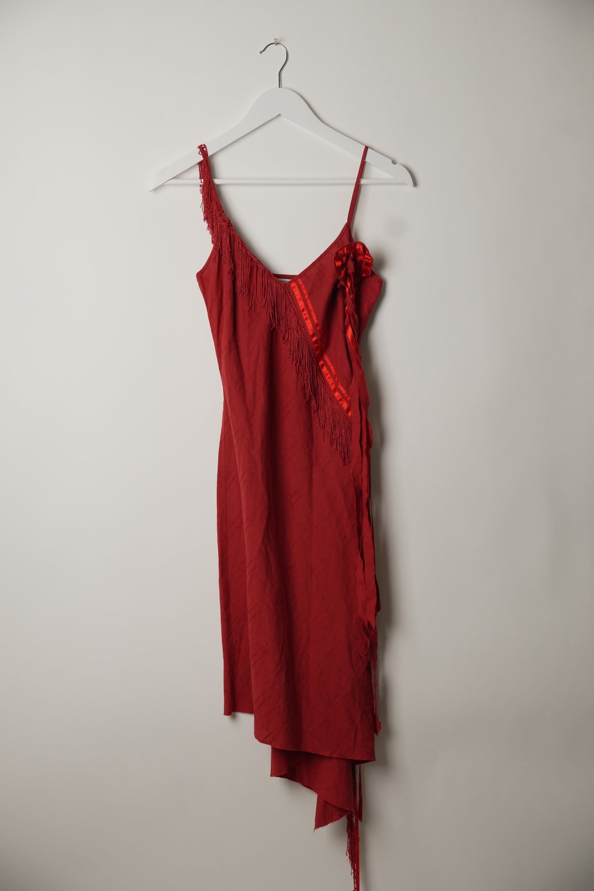 Vanessa Bruno Red Lace Trim with Floral Brooch Spaghetti Strap Mini Dress
