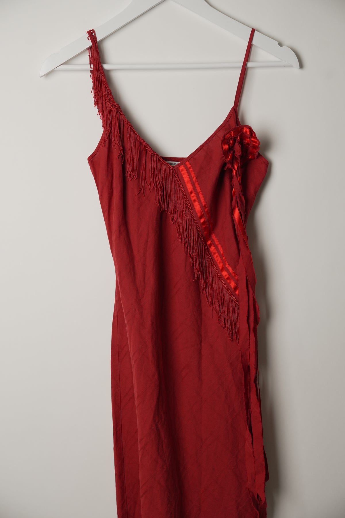 Vanessa Bruno Red Lace Trim with Floral Brooch Spaghetti Strap Mini Dress