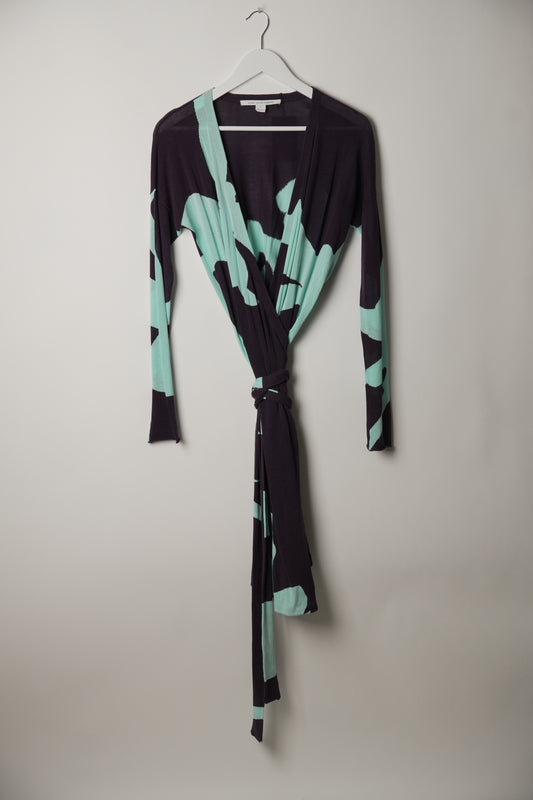 Diane von Furstenberg Purple Blue Floral Long Sleeve Wrap Dress