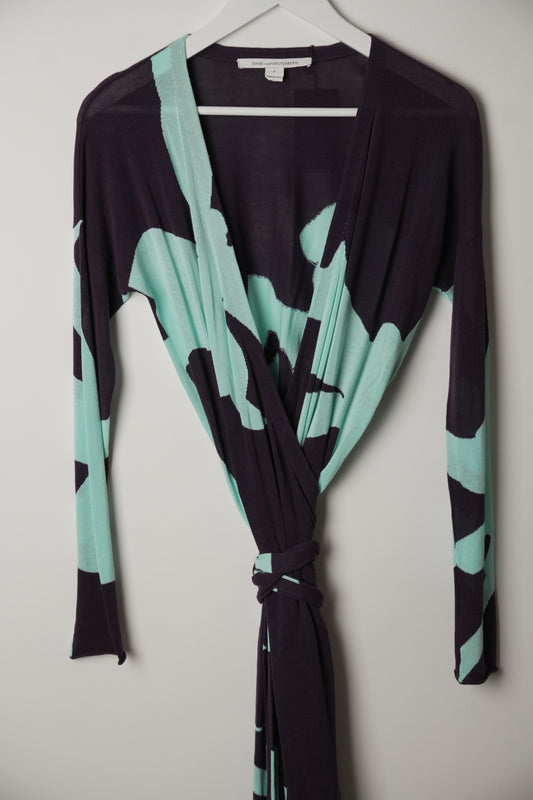 Diane von Furstenberg Purple Blue Floral Long Sleeve Wrap Dress