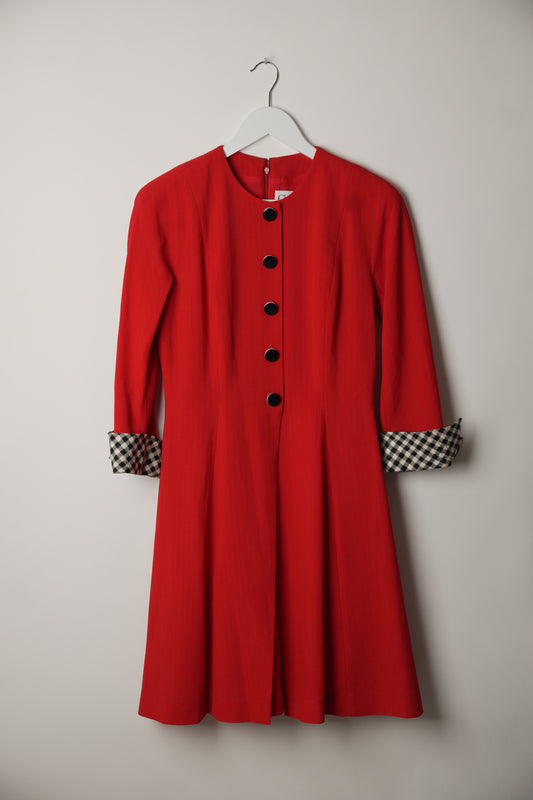 Christian Dior Red Long Sleeve Button Down Dress with Checkered Fold Over Sleeve