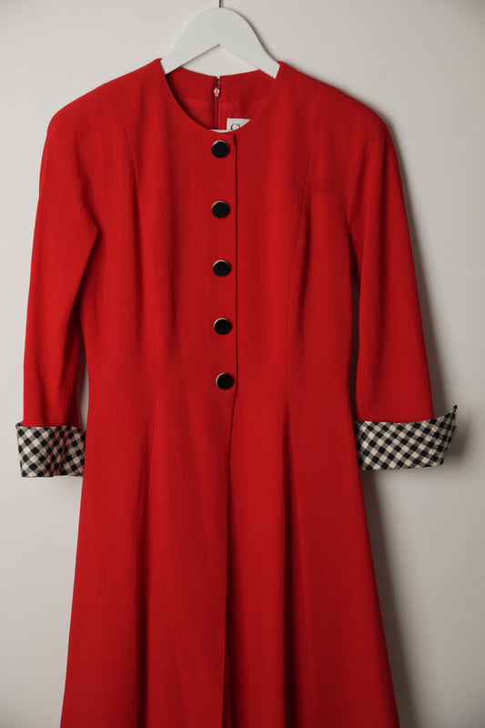 Christian Dior Red Long Sleeve Button Down Dress with Checkered Fold Over Sleeve