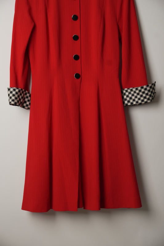 Christian Dior Red Long Sleeve Button Down Dress with Checkered Fold Over Sleeve