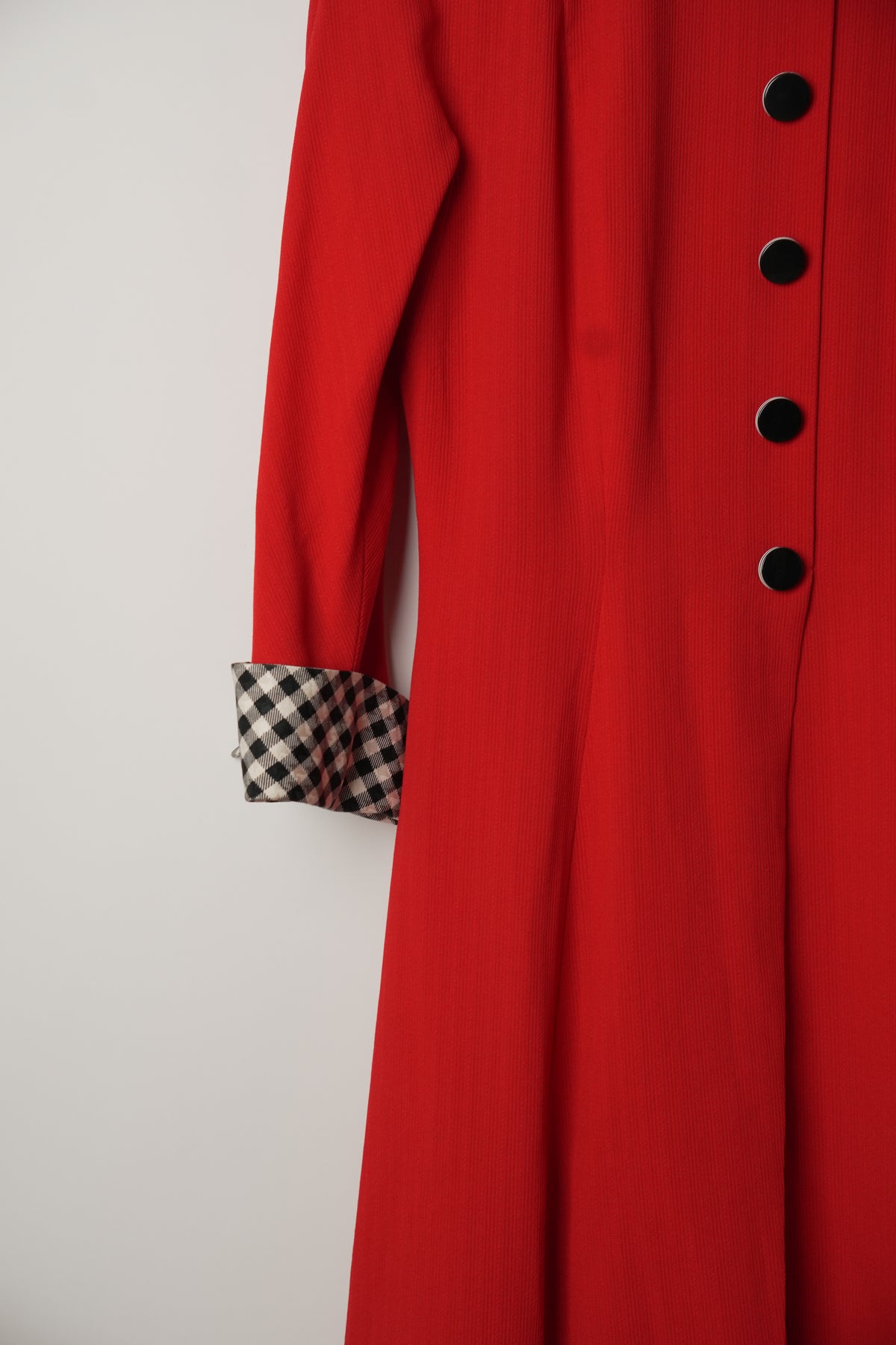 Christian Dior Red Long Sleeve Button Down Dress with Checkered Fold Over Sleeve