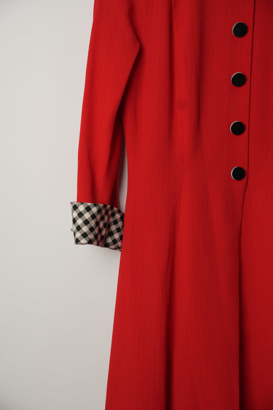 Christian Dior Red Long Sleeve Button Down Dress with Checkered Fold Over Sleeve