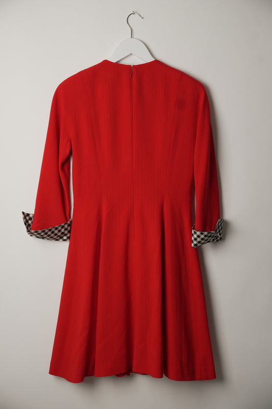 Christian Dior Red Long Sleeve Button Down Dress with Checkered Fold Over Sleeve