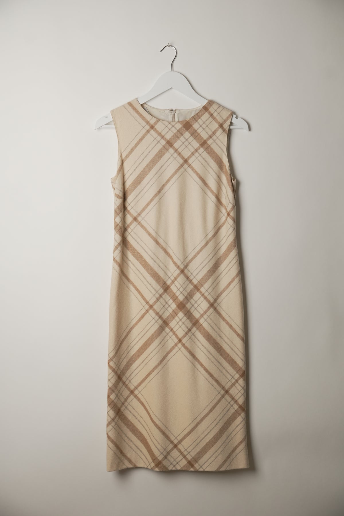 Valentino Wool Plaid Neutral Sleeveless Midi Dress