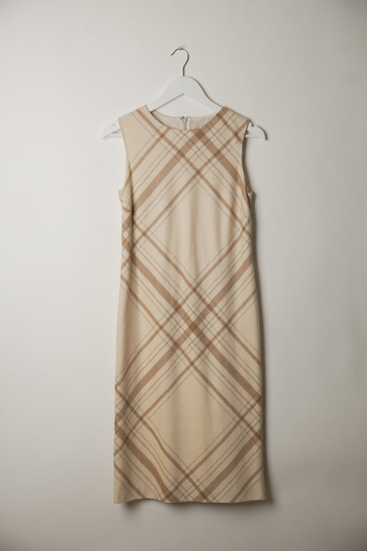 Valentino Wool Plaid Neutral Sleeveless Midi Dress