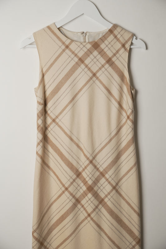 Valentino Wool Plaid Neutral Sleeveless Midi Dress