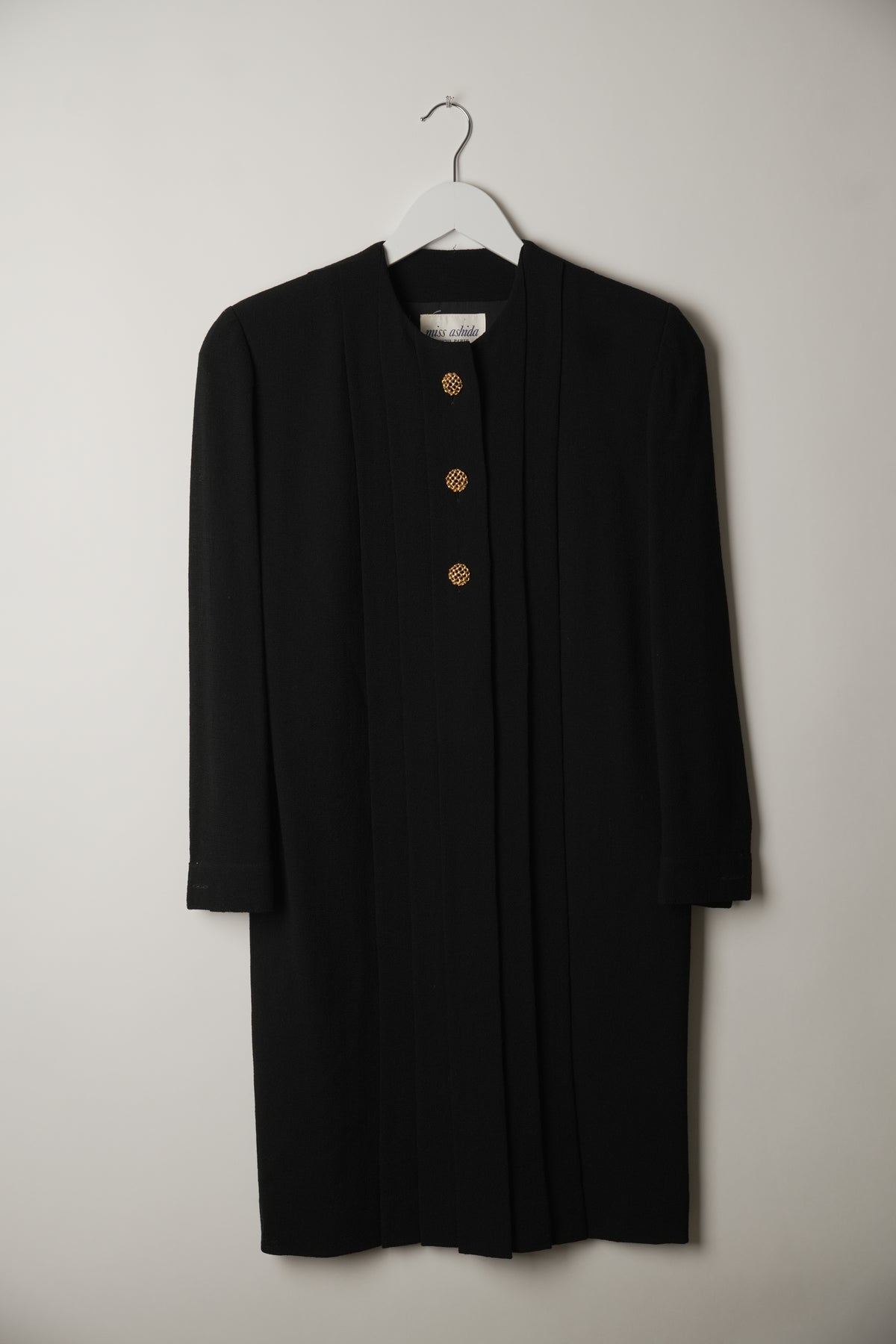 Miss Ashida Pleated Collarless Button Down Long Sleeve Shift Dress