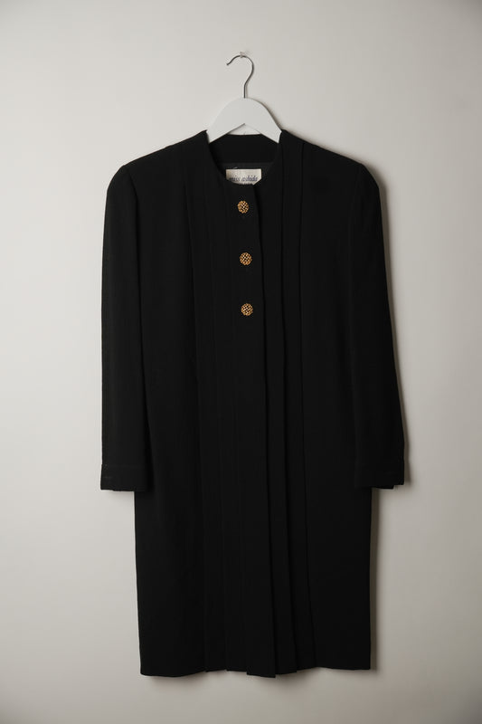 Miss Ashida Pleated Collarless Button Down Long Sleeve Shift Dress