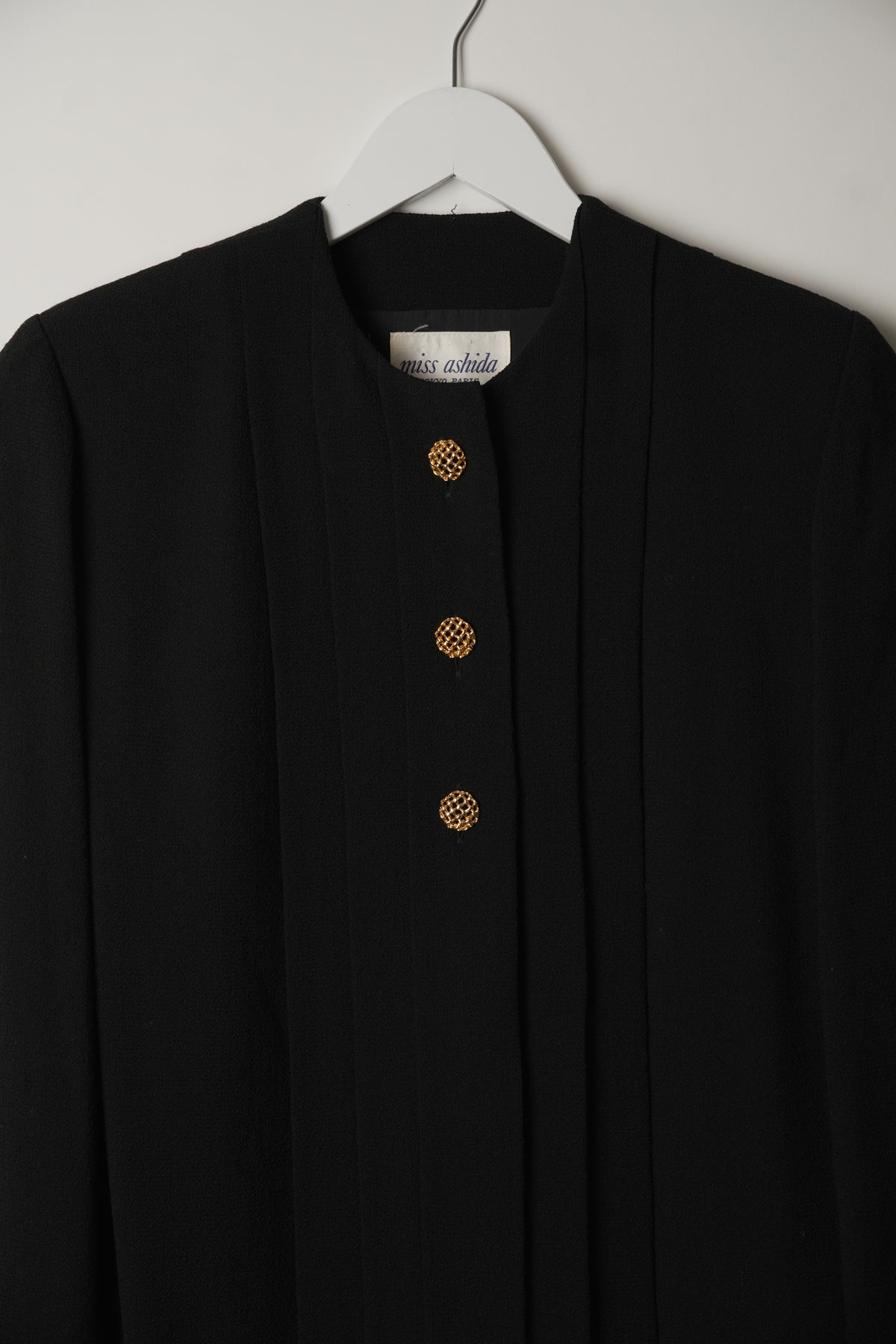 Miss Ashida Pleated Collarless Button Down Long Sleeve Shift Dress