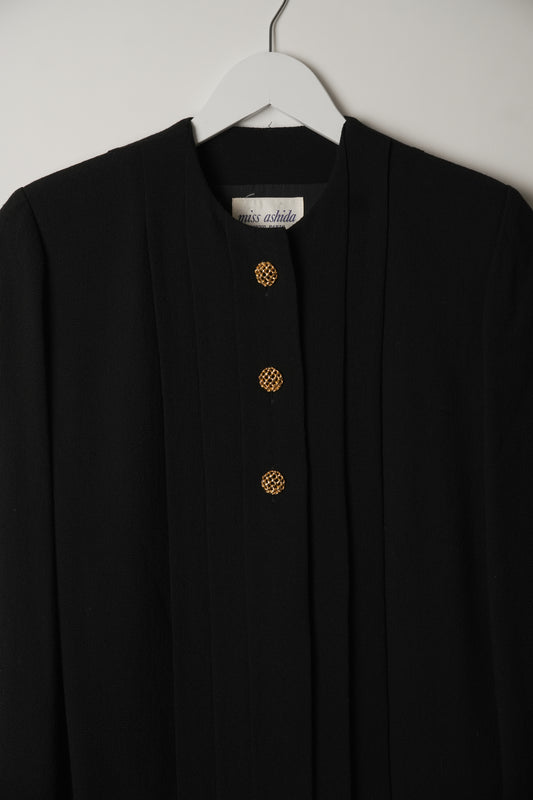 Miss Ashida Pleated Collarless Button Down Long Sleeve Shift Dress