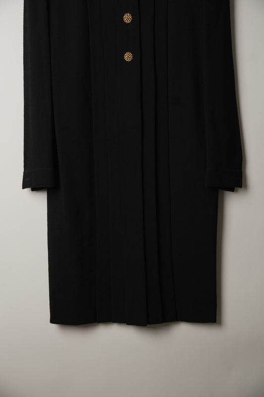 Miss Ashida Pleated Collarless Button Down Long Sleeve Shift Dress