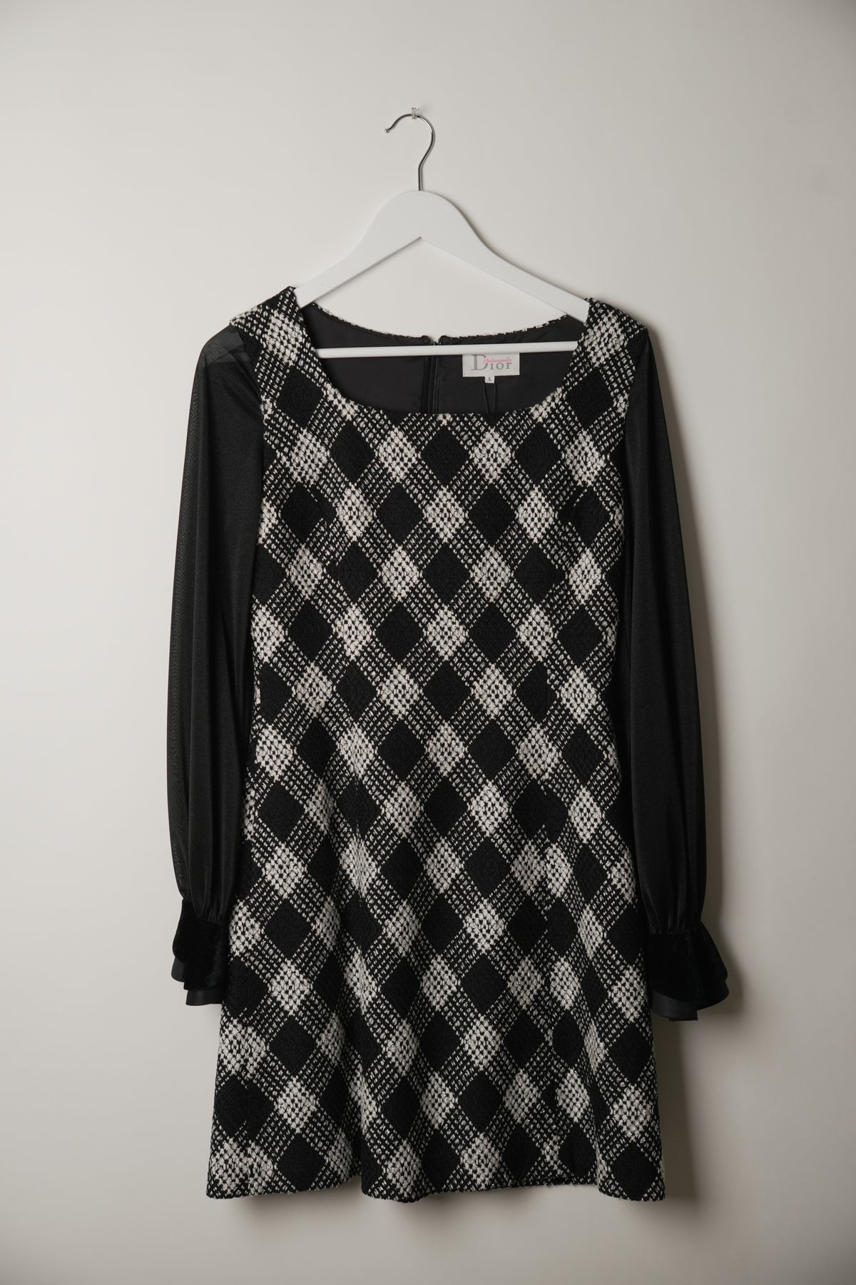 Miss Dior Checkered Tweed Square Neck Sheer Long Sleeve Dress