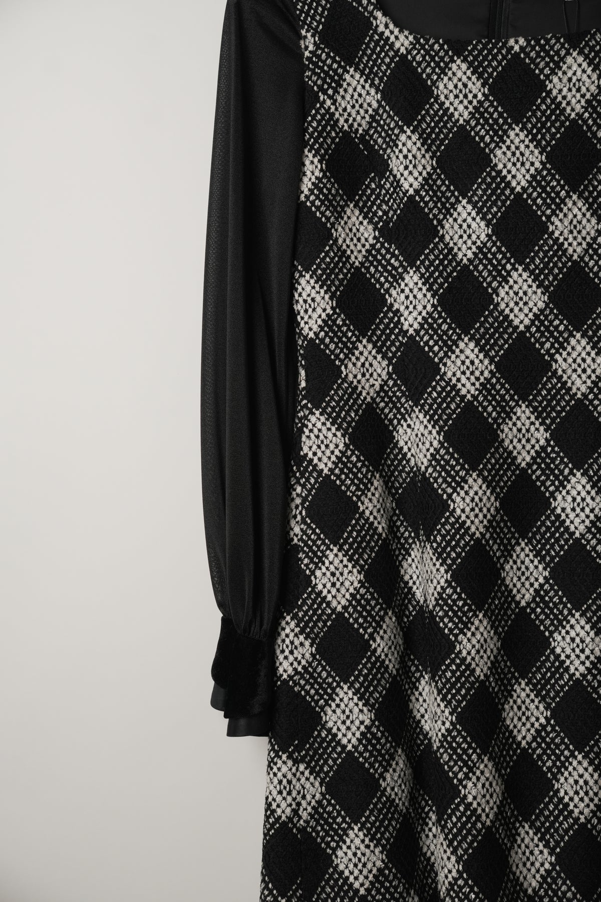Miss Dior Checkered Tweed Square Neck Sheer Long Sleeve Dress