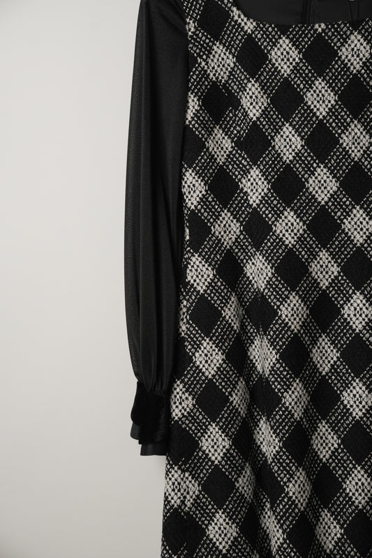 Miss Dior Checkered Tweed Square Neck Sheer Long Sleeve Dress