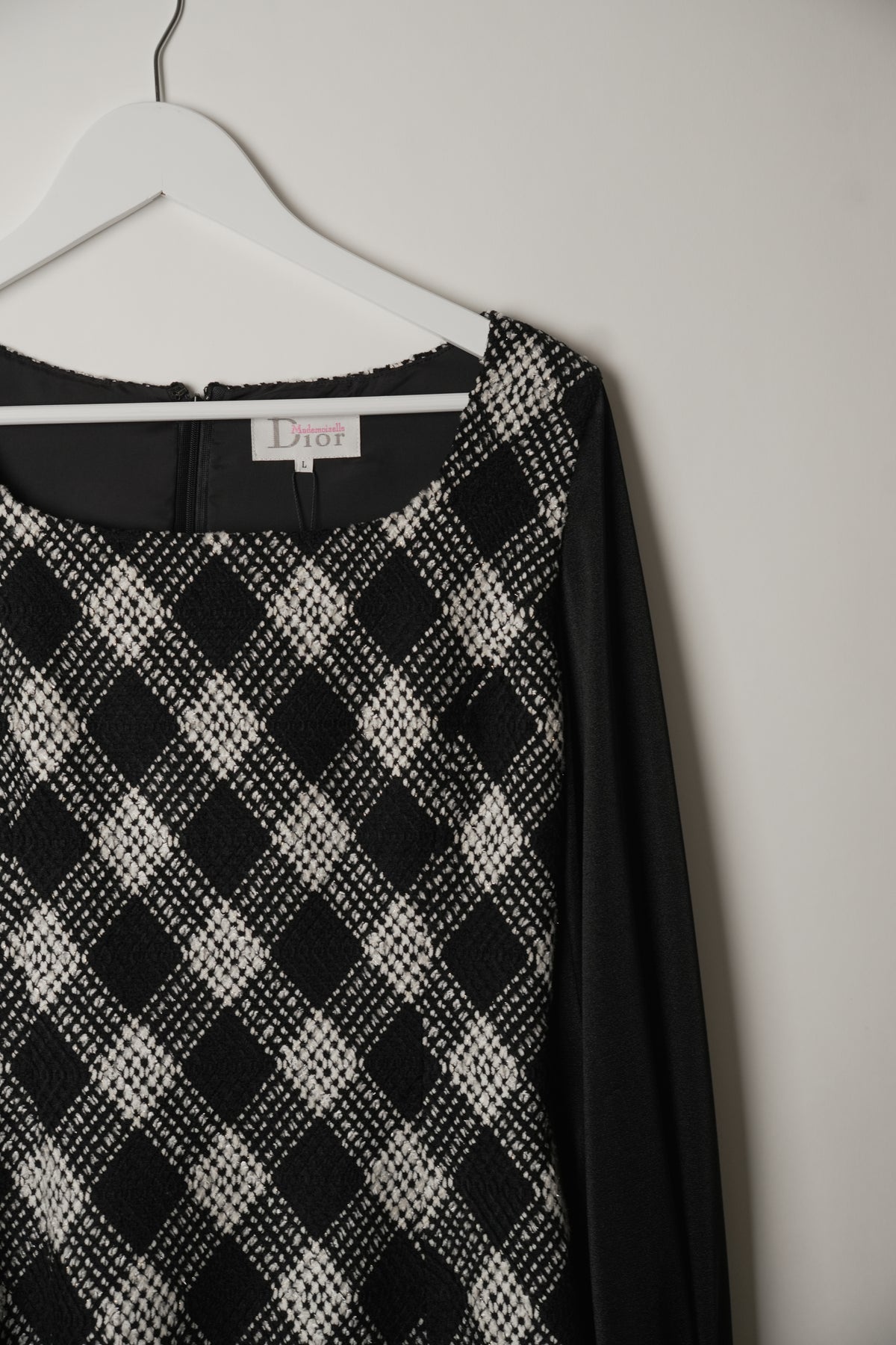 Miss Dior Checkered Tweed Square Neck Sheer Long Sleeve Dress